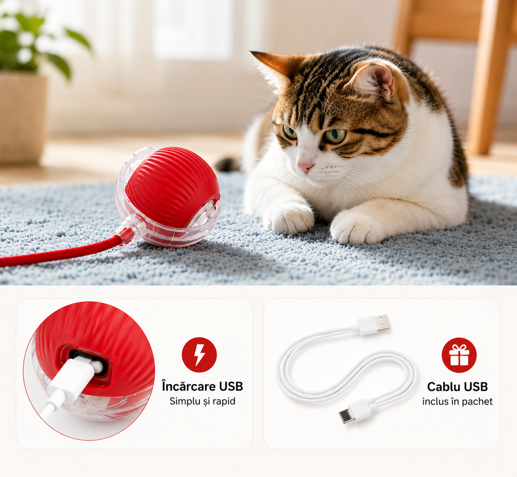 PurrBall lângă o pisică, cu încărcare USB-C rapidă și cablu inclus în pachet