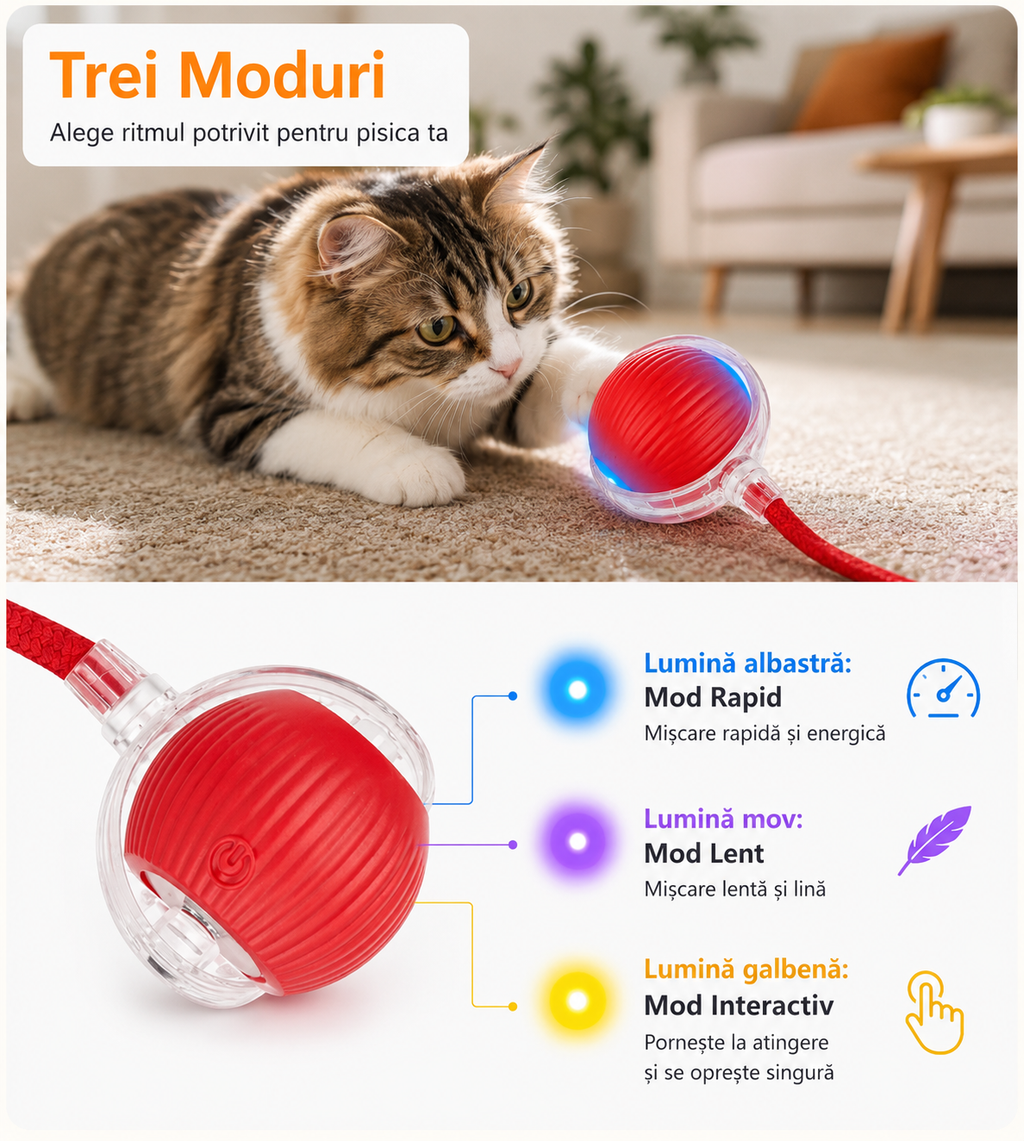PurrBall, cele trei moduri de joc: rapid (lumină albastră), lent (mov) și interactiv (galben)