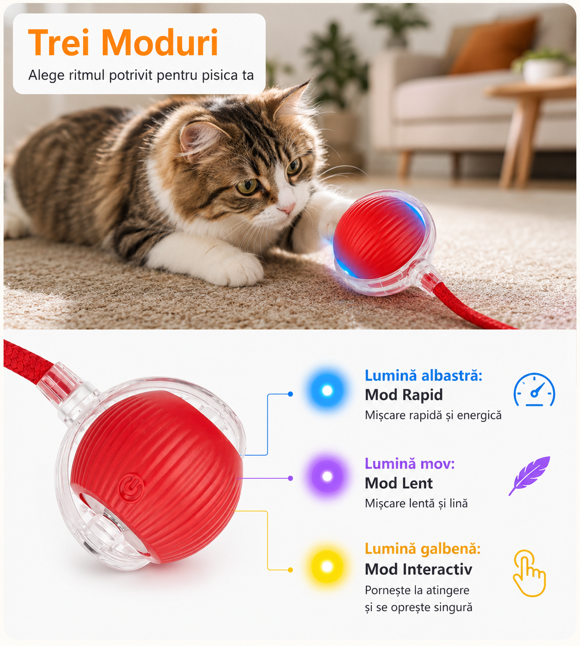 PurrBall, cele trei moduri de joc: rapid (lumină albastră), lent (mov) și interactiv (galben)