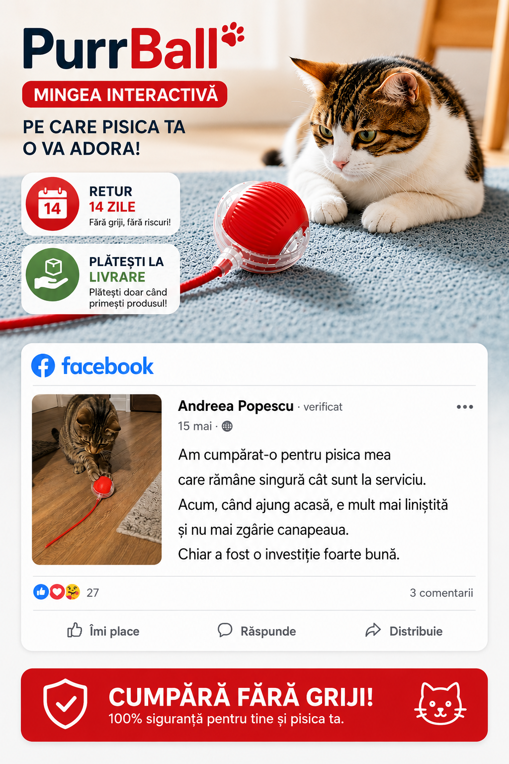 PurrBall — recenzie Facebook cu pisică mulțumită și garanții: retur 14 zile, plătești la livrare